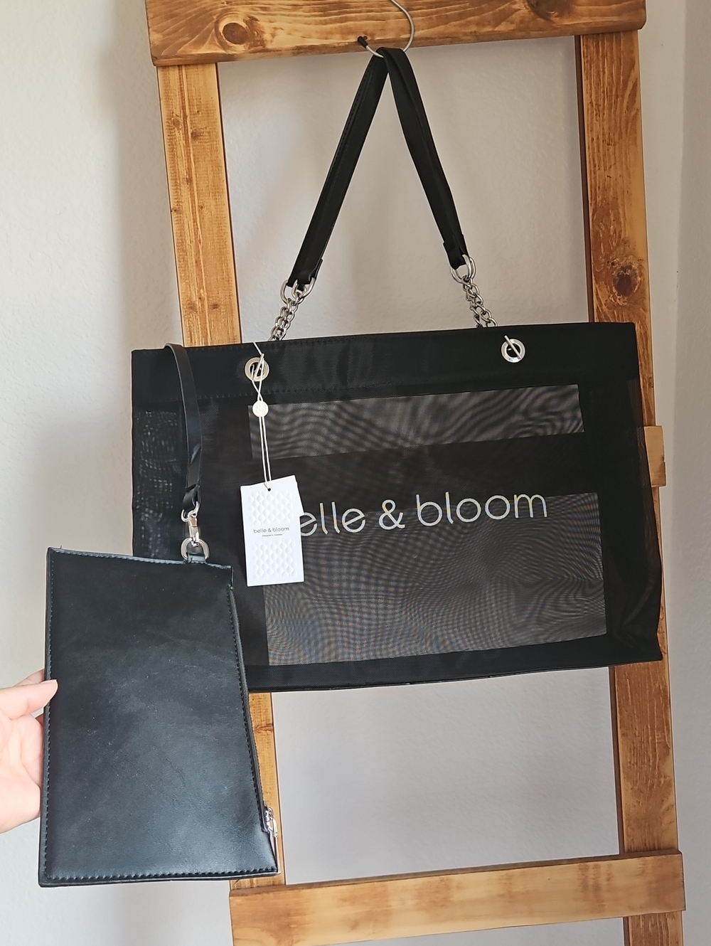 NWOT Belle & Bloom "Wild Lover" Mesh & Silver Chain Tote Bag + Pouch – Black - Picture 6 of 7
